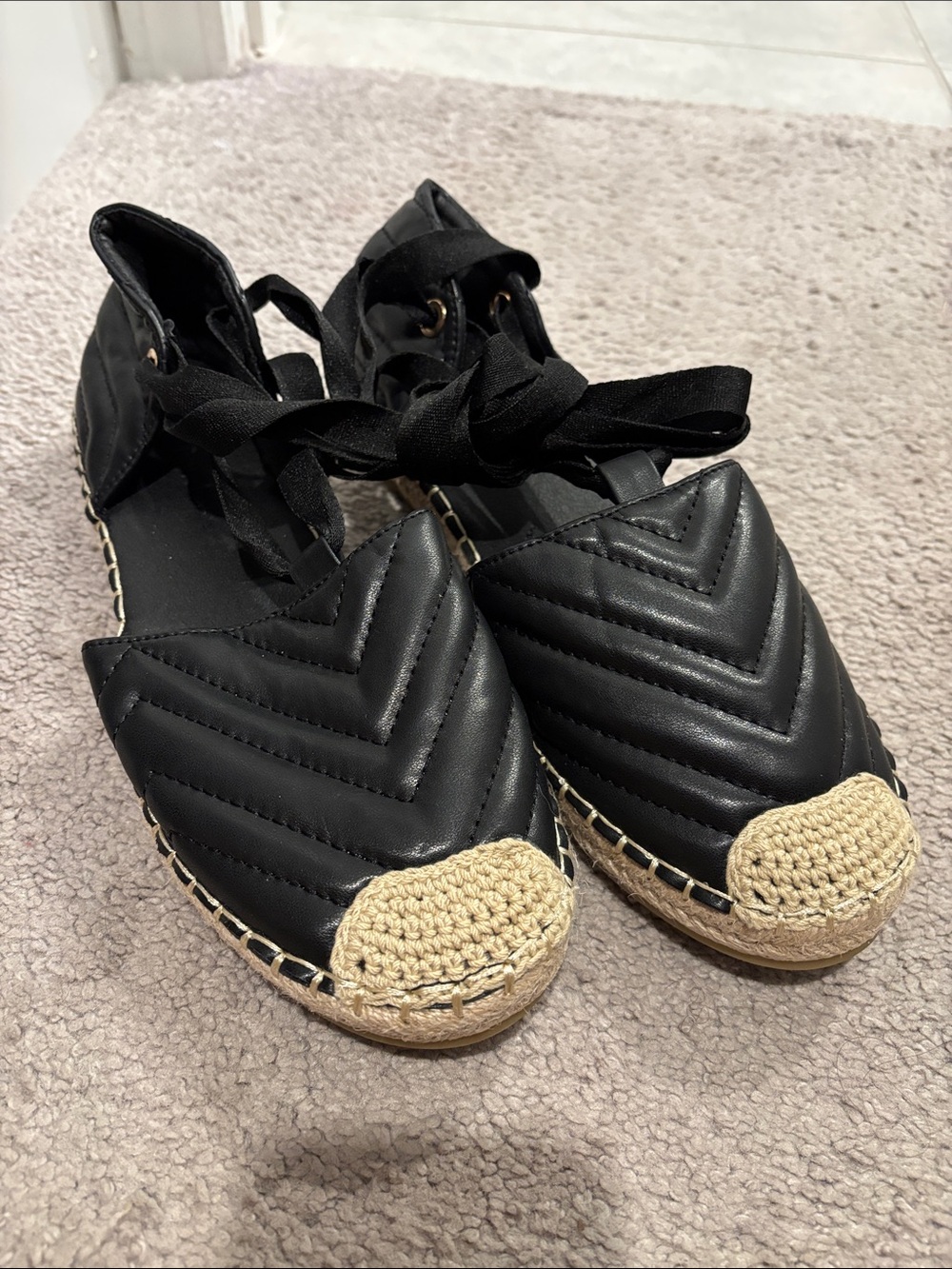 Black Quilted Espadrille Flats with Lace-Up Tie